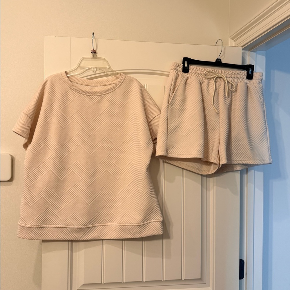 Beige Textured Top and Shorts Set